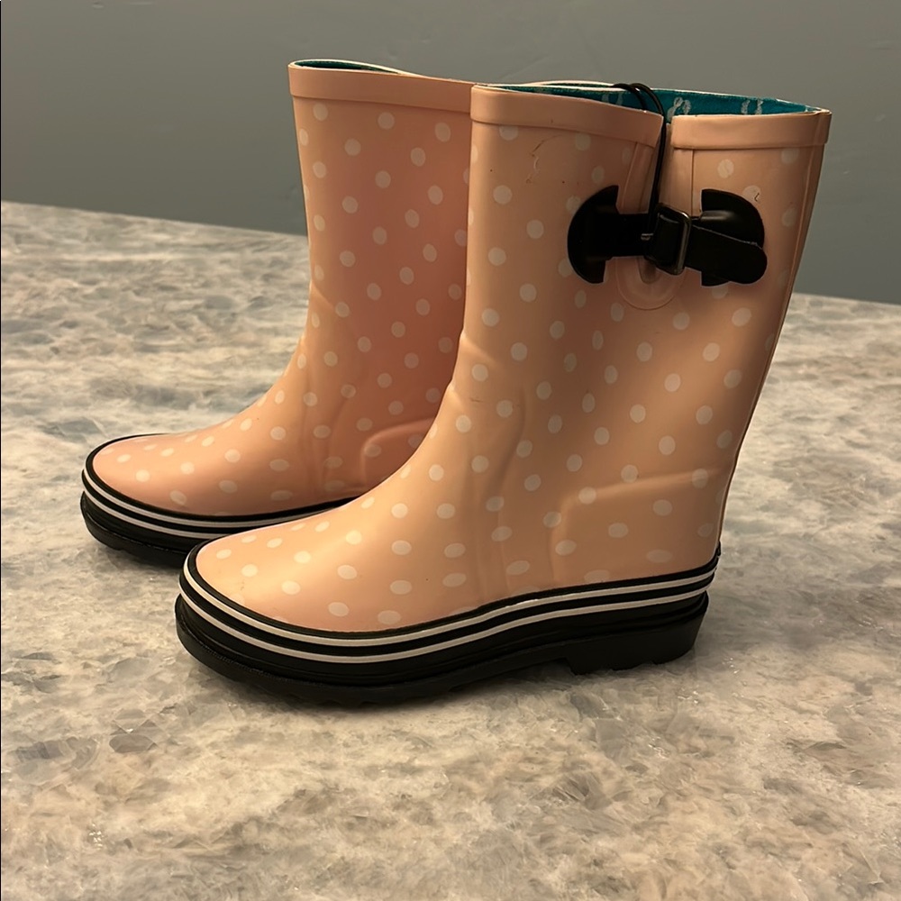 Girls Black and Pink White Polka Dot Rain Boots Platform Sole Size 13 Two Pairs - Picture 2 of 14
